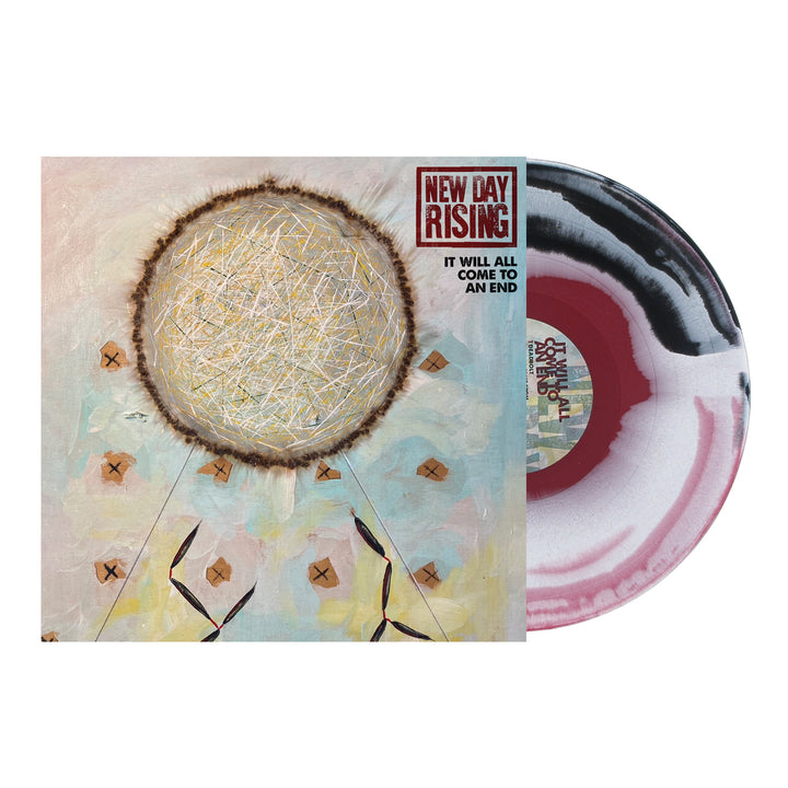 New Day Rising It Will All Come to An End limited edition 12″ vinyl with abstract cover art and a black, white, and red marbled disc.