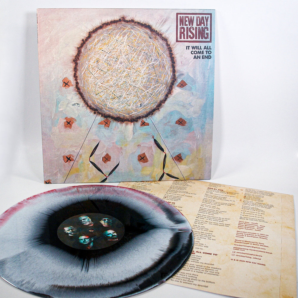 New Day Rising It Will All Come to An End limited edition 12″ vinyl sleeve with a circular marbled black and red disc featuring a group photo in the center.