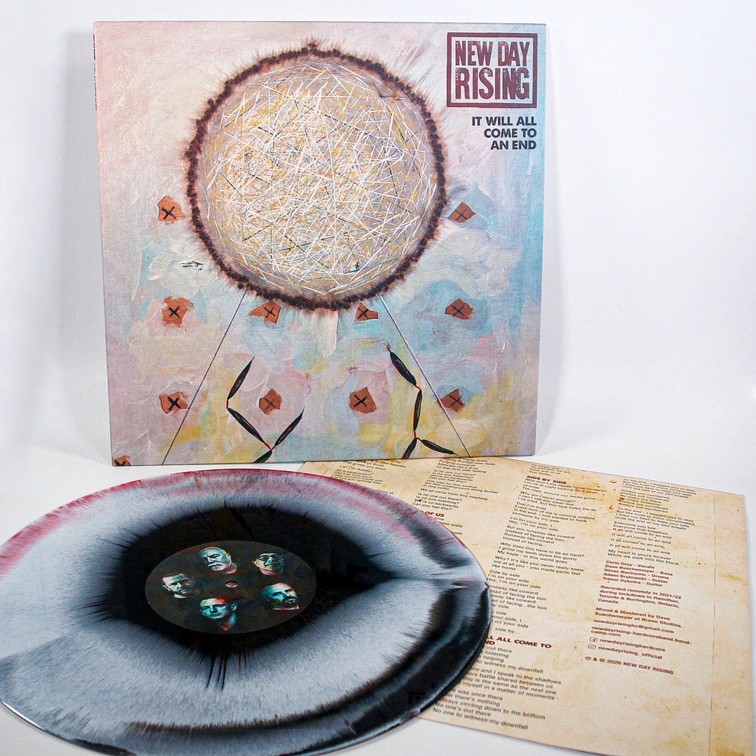 New Day Rising It Will All Come to An End limited edition 12″ vinyl sleeve with a circular marbled black and red disc featuring a group photo in the center.