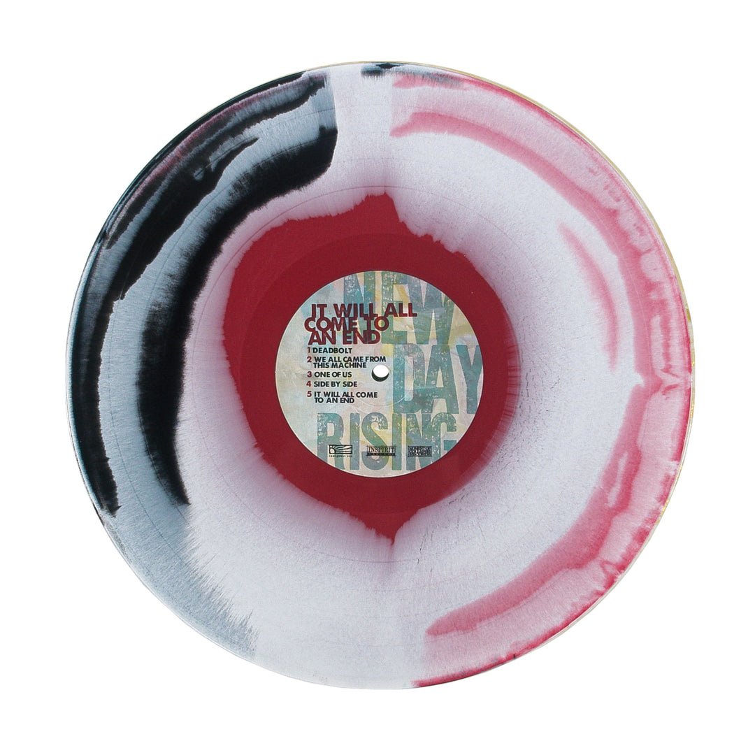 A limited edition 12″ vinyl with a red, white, and black tie-dye pattern, featuring a center label with the title It Will All Come to an End and a tracklist.