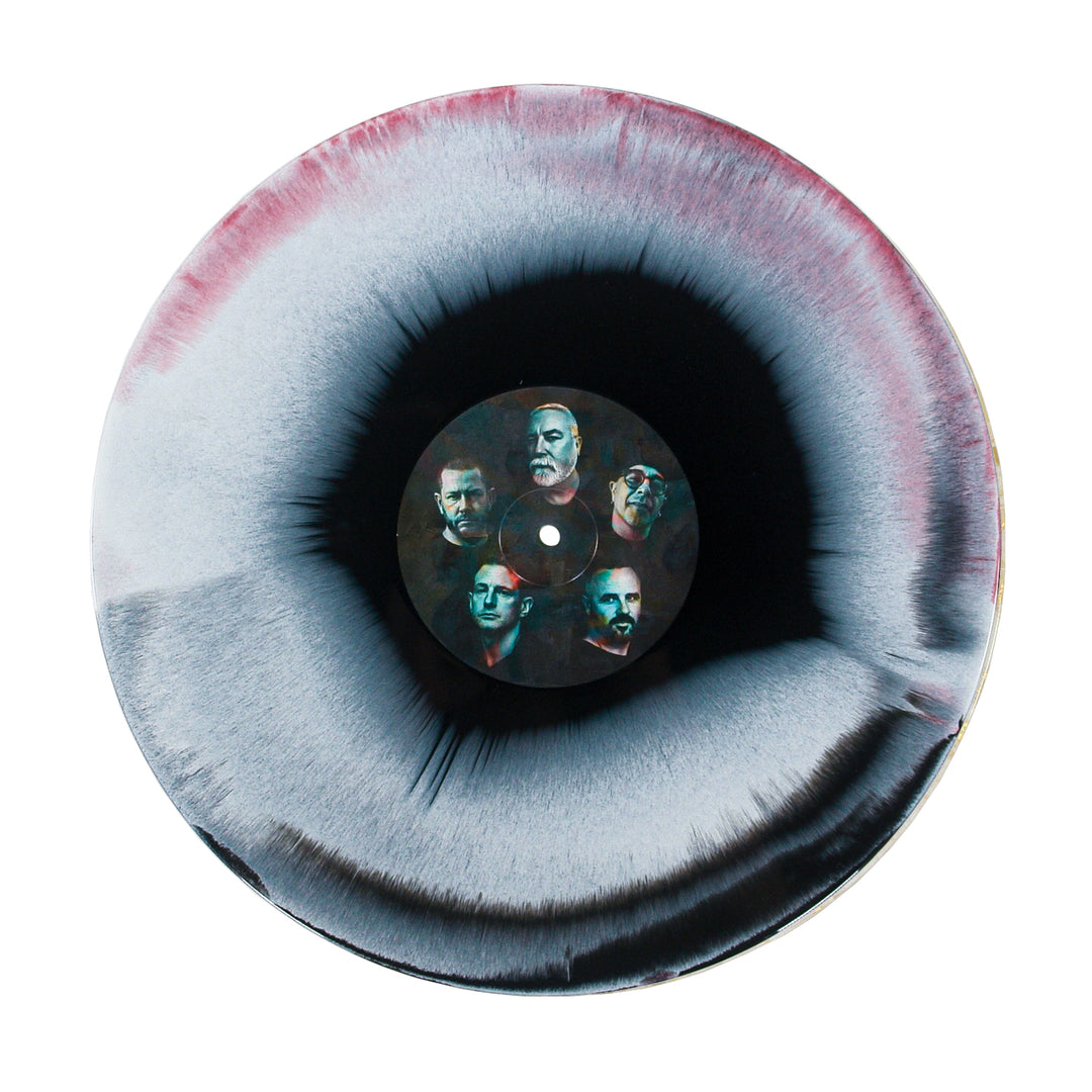 Limited edition 12″ vinyl with a black-and-white marbled pattern and a center label featuring a portrait of five men.
