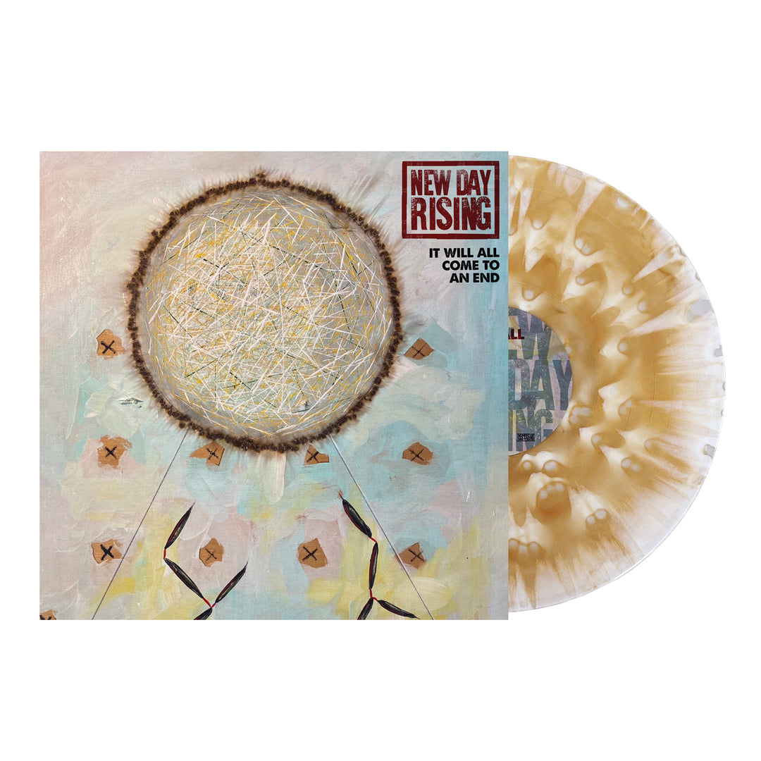 The New Day Rising album cover art features a central textured circle, displayed alongside a gold and white marbled Stardust Torrent vinyl record.