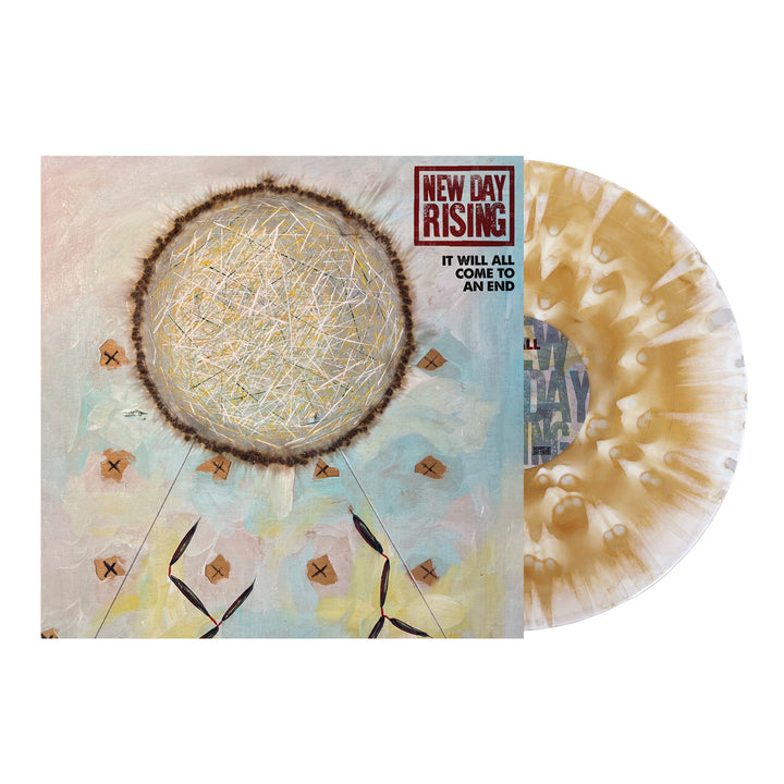 The New Day Rising album cover art features a central textured circle, displayed alongside a gold and white marbled Stardust Torrent vinyl record.