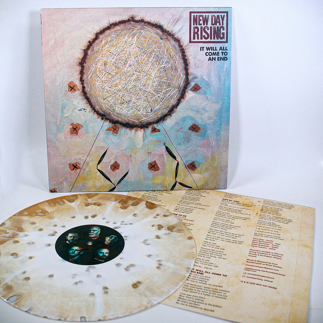 Vinyl record album for New Day Rising’s It Will All Come to an End, featuring the cover art, a Stardust Torrent splatter-patterned vinyl disc, and a lyric insert.