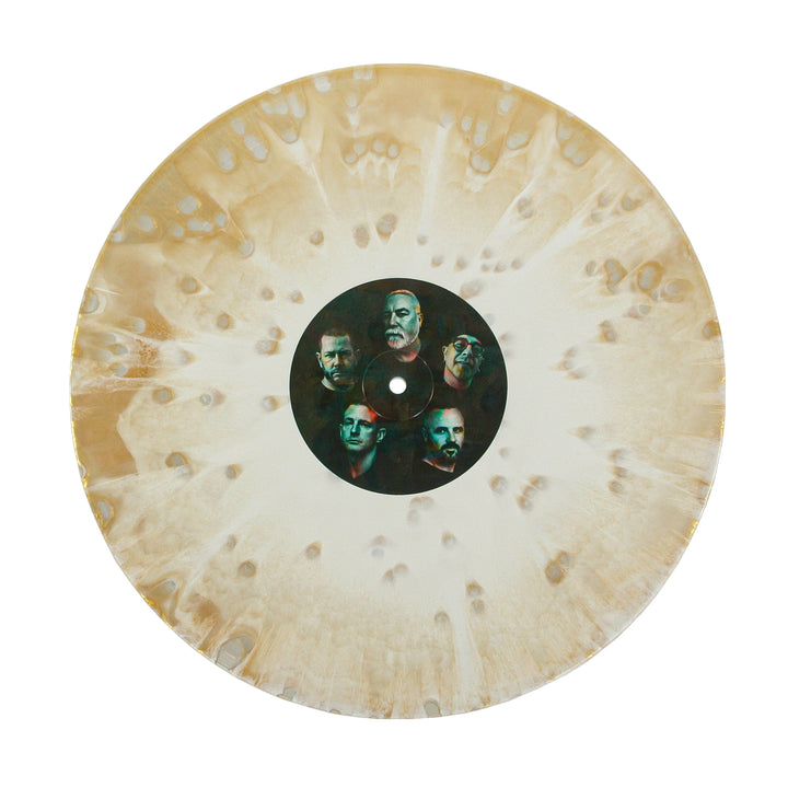 A circular Stardust Torrent vinyl with a beige and white marbled effect and a center label featuring portraits of five men.