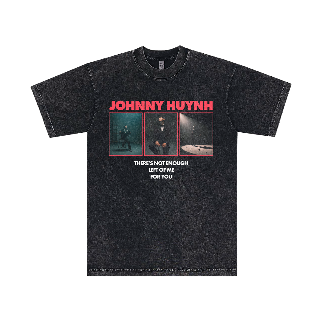 Black tee by Johnny Huynh featuring bold red logo over three moody streetlamp photos. White text below reads "THERES NOT ENOUGH LEFT OF ME FOR YOU." Crafted for fans of standout Mineral Wash Tees.