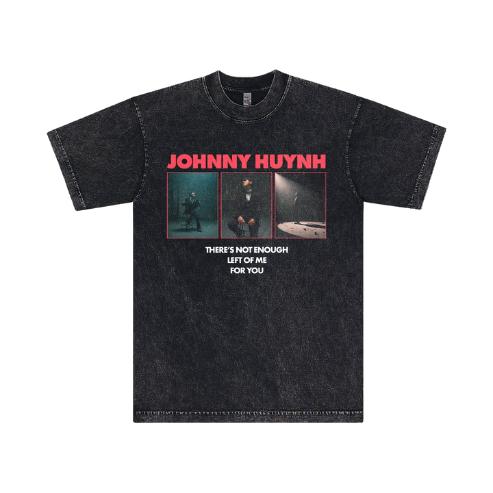 Black tee by Johnny Huynh featuring bold red logo over three moody streetlamp photos. White text below reads "THERES NOT ENOUGH LEFT OF ME FOR YOU." Crafted for fans of standout Mineral Wash Tees.