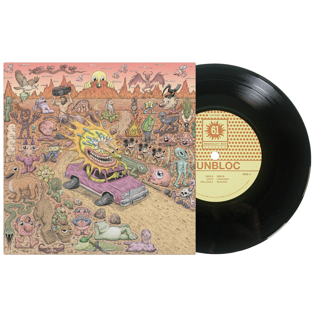 An illustrated vinyl record partially slides from a Sunbloc album cover showcasing a surreal desert, whimsical characters, and quirky creatures—reflecting Sunbloc’s alternative vibe and hardcore energy—in soft pastel colors.