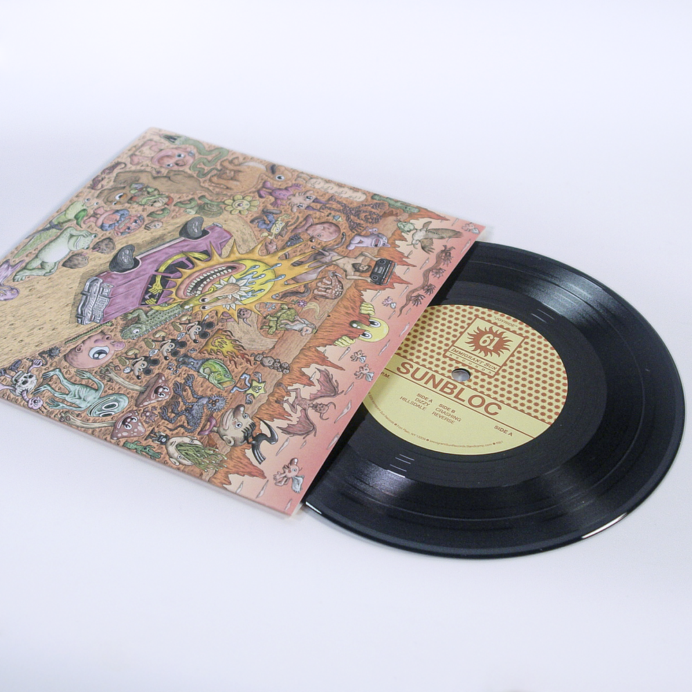A vinyl record partially slides out of its illustrated album cover with colorful cartoon characters. The label, reading Sunbloc, lists hardcore and alternative tracks. The background is white. Brand: Sunbloc.