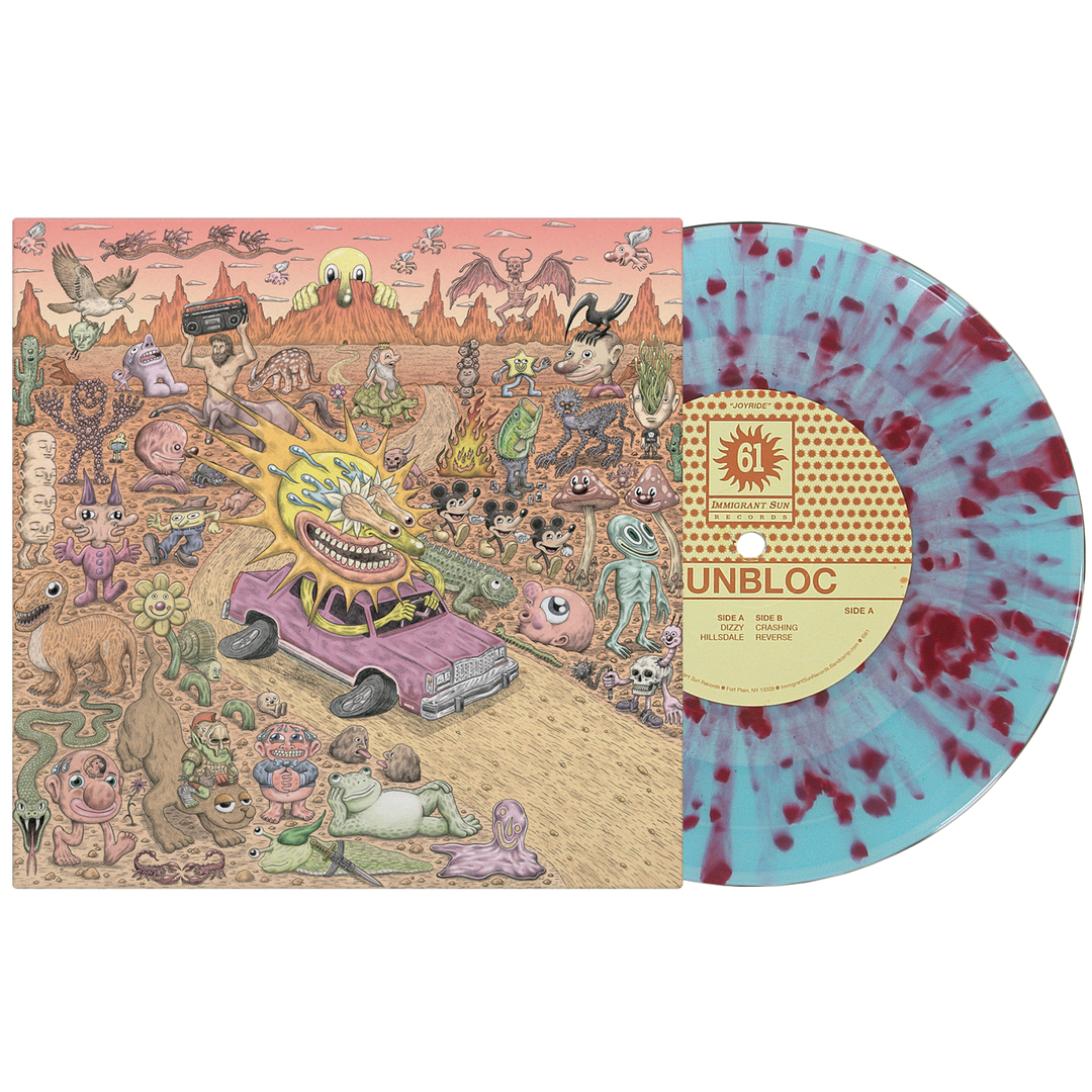 Sunbloc's vibrant album cover displays surreal, cartoon desert creatures and a purple car shooting eye-beams—reflecting hardcore and alternative vibes. Beside it sits a striking white vinyl with red splatters.