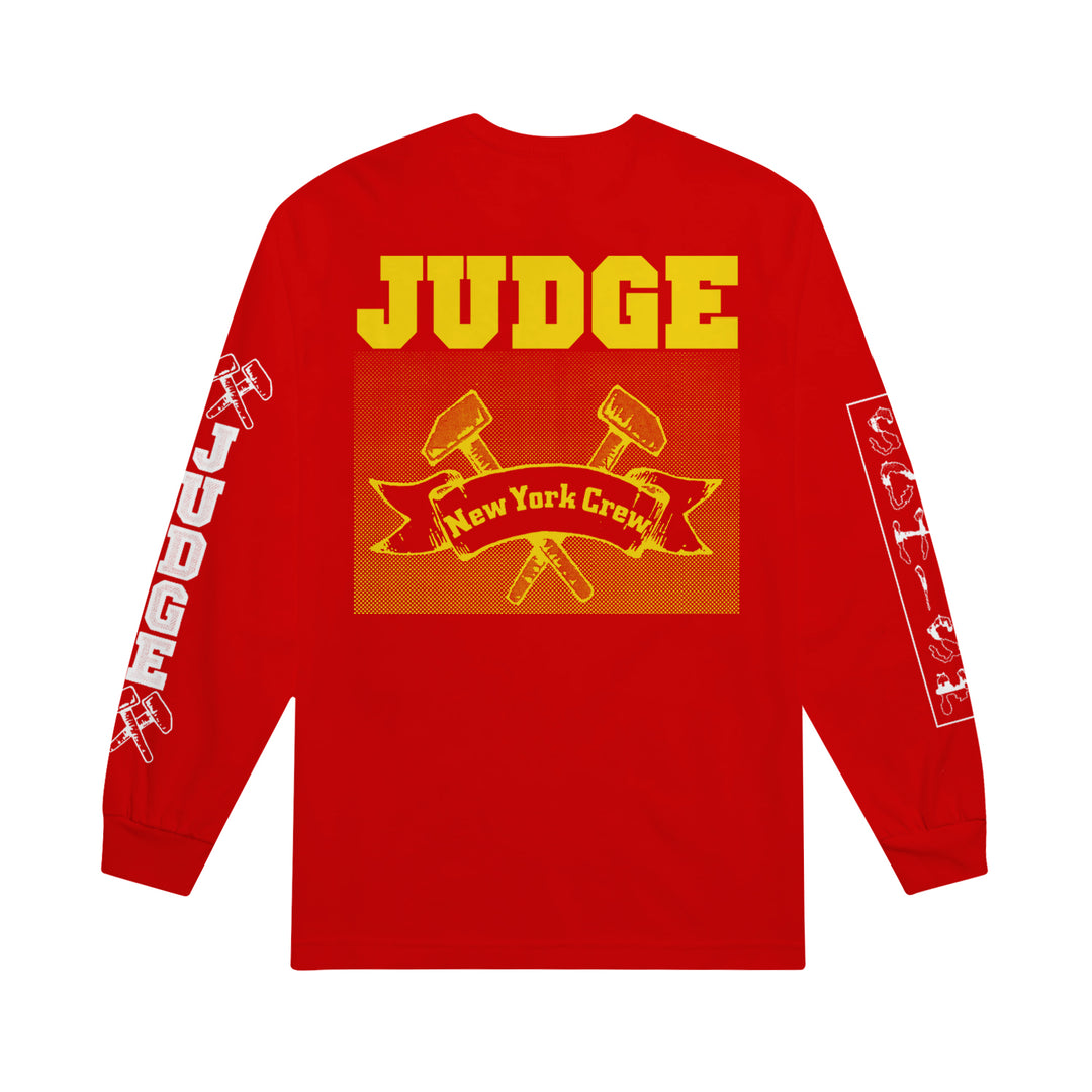 back of red long sleeve with two gavels, and “New York Crew” on the back in yellow. Sleeves feature “JUDGE,” and schism in white