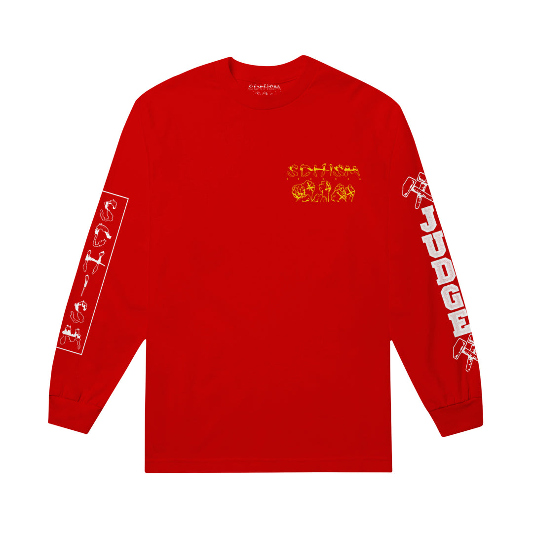A red 4-sided judge & schism long sleeve shirt with yellow graphics: small front design that reads schism