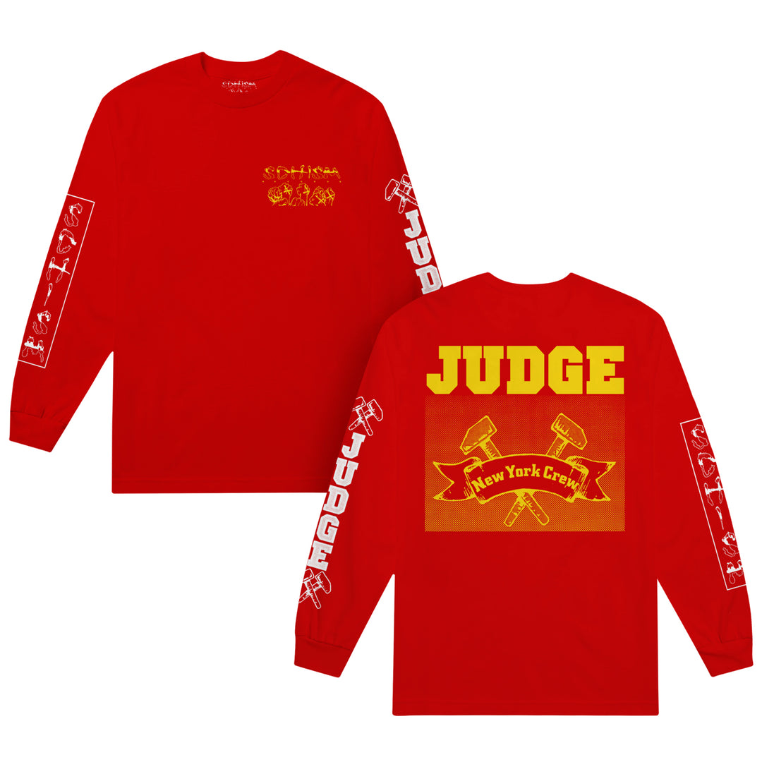 A red 4-sided judge & schism long sleeve shirt with yellow graphics: small front design, large “JUDGE” text, two gavels, and “New York Crew” on the back. Sleeves feature “JUDGE,” yellow art, and a printed Schism tag inside.