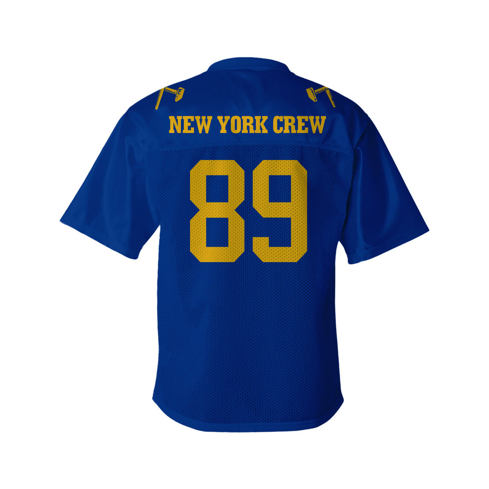 Blue replica football jersey by Judge, made from polyester tricot mesh, features yellow text NEW YORK CREW across the back and a large yellow number 89 below. Short sleeves display two small yellow helmet graphics.