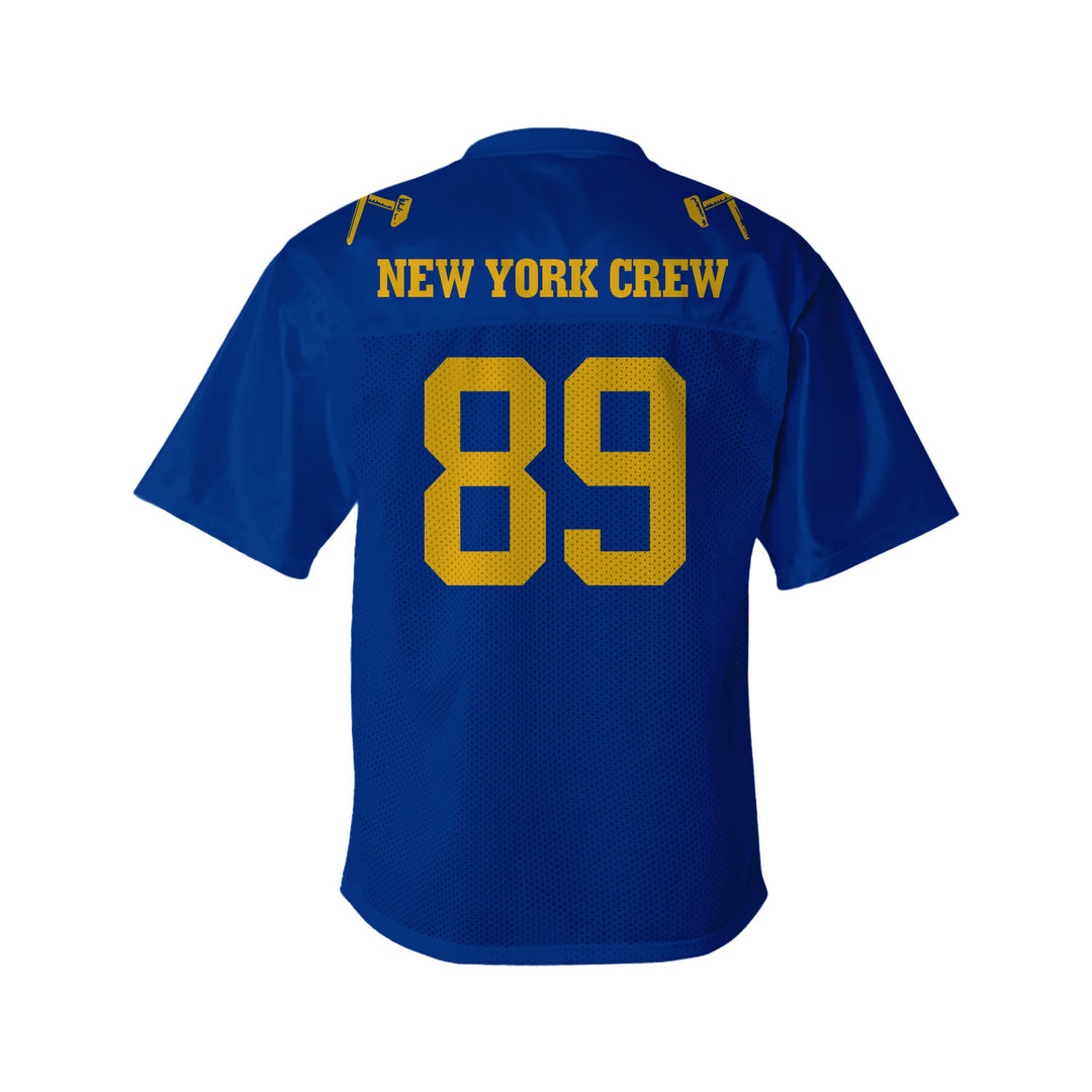 Blue replica football jersey by Judge, made from polyester tricot mesh, features yellow text NEW YORK CREW across the back and a large yellow number 89 below. Short sleeves display two small yellow helmet graphics.