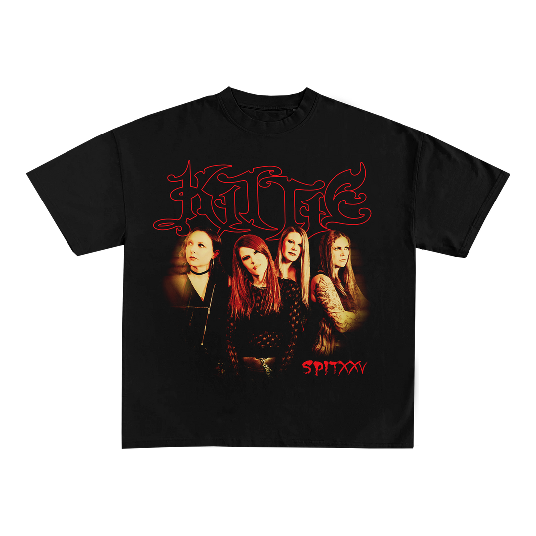 Black Kittie t-shirt made from soft ring-spun cotton features a gothic band of four women with red-tinted hair. "Kittie" is displayed in bold gothic font above, "Spit" below—ideal for fans of iconic Comfort Colors tees.