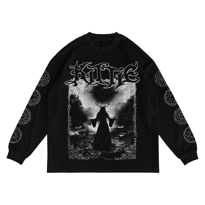 Black long-sleeve shirt by Kittie, made from ring spun cotton with white occult graphics—pentagrams on the sleeves, a hooded figure under a dark sky on the front, and "KITTIE" in stylized text above.