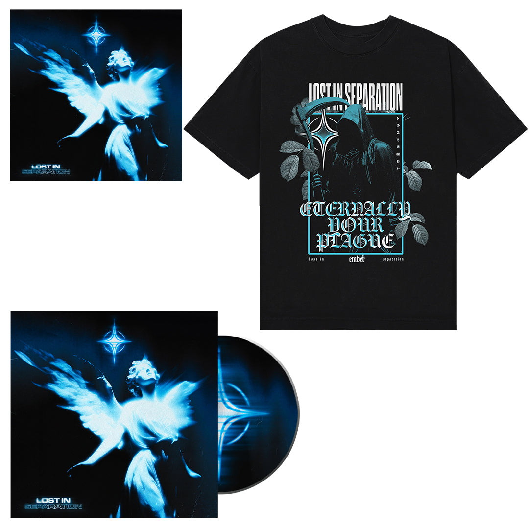 A black t-shirt and vinyl set from Lost In Separation feature striking blue-tinted angel and hooded figure artwork, inspired by Black Mirror. Both the vinyl cover and record match the angel design, with “Lost In Separation” and “Eternally Your Plague” text.