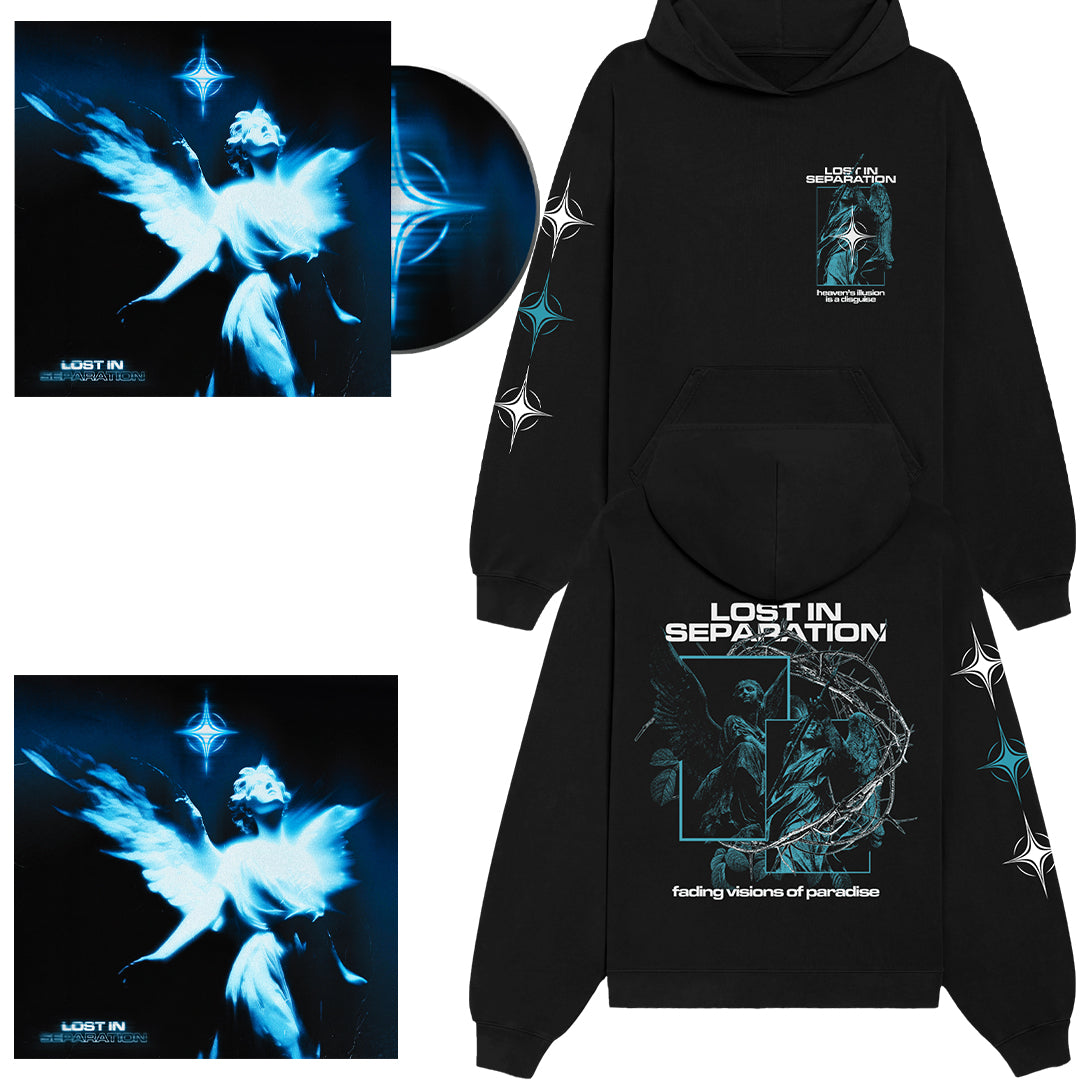 A black Lost In Separation hoodie with blue/white abstract angel art and "LOST IN SEPARATION" text, inspired by "Ember," plus a vinyl record featuring matching artwork on the cover.