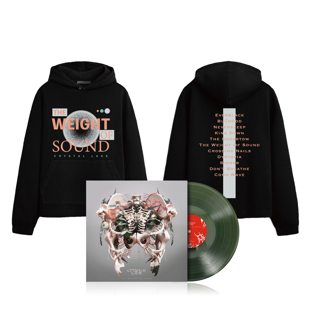 A black Crystal Lake hoodie with "The Weight of Sound" and a moon graphic on the front, song titles on the back, plus a green vinyl record and album cover featuring abstract art.