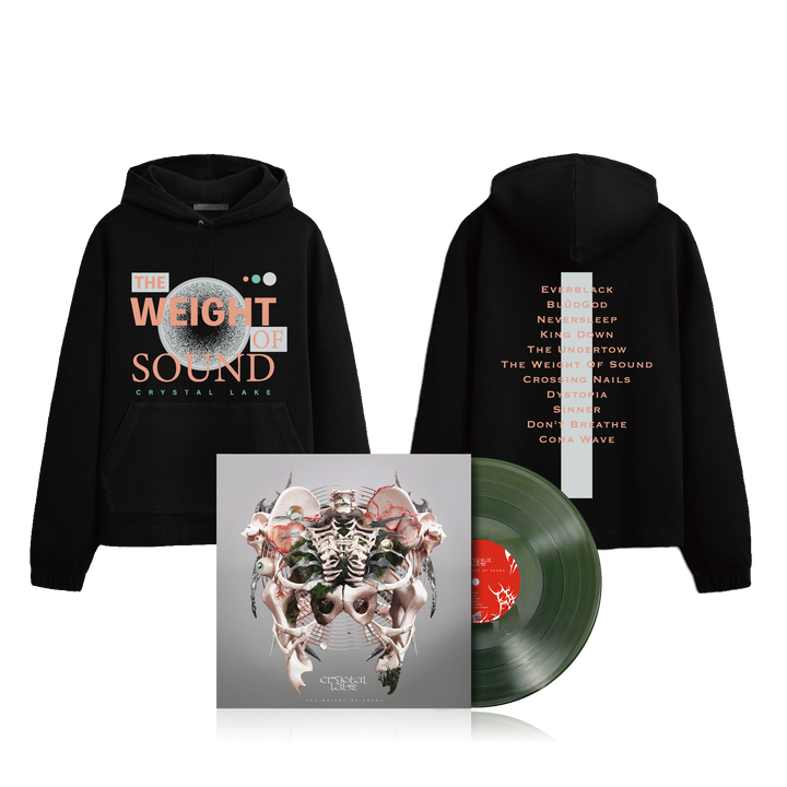 A black Crystal Lake hoodie with "The Weight of Sound" and a moon graphic on the front, song titles on the back, plus a green vinyl record and album cover featuring abstract art.