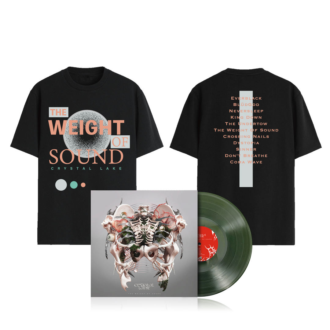 A black Crystal Lake t-shirt with "The Weight of Sound" and song titles, paired with a translucent green vinyl and its cover showing an abstract skeleton with floral design.