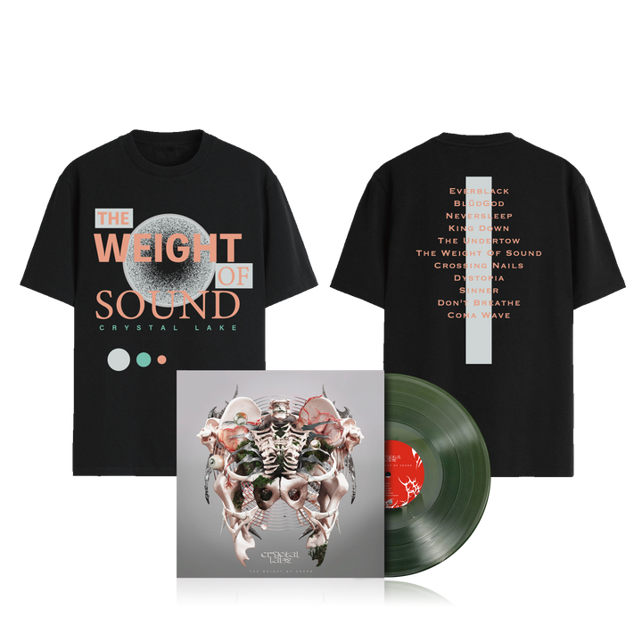 A black Crystal Lake t-shirt with "The Weight of Sound" and song titles, paired with a translucent green vinyl and its cover showing an abstract skeleton with floral design.