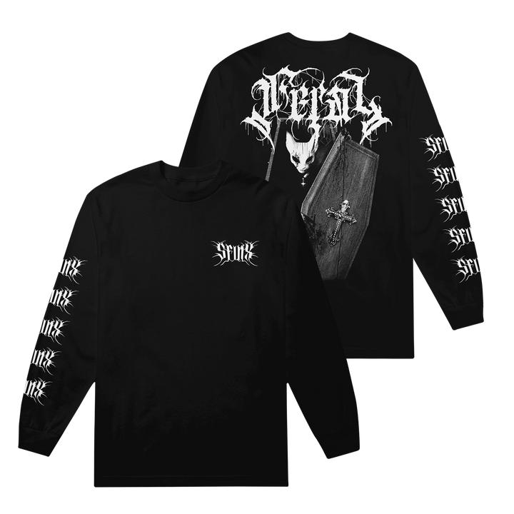 The SFINX black long-sleeve shirt, crafted from ring-spun cotton in a modern classic fit, features white Spine text on the front and sleeves, with gothic back artwork depicting a horned, fanged figure and coffin with crucifix.