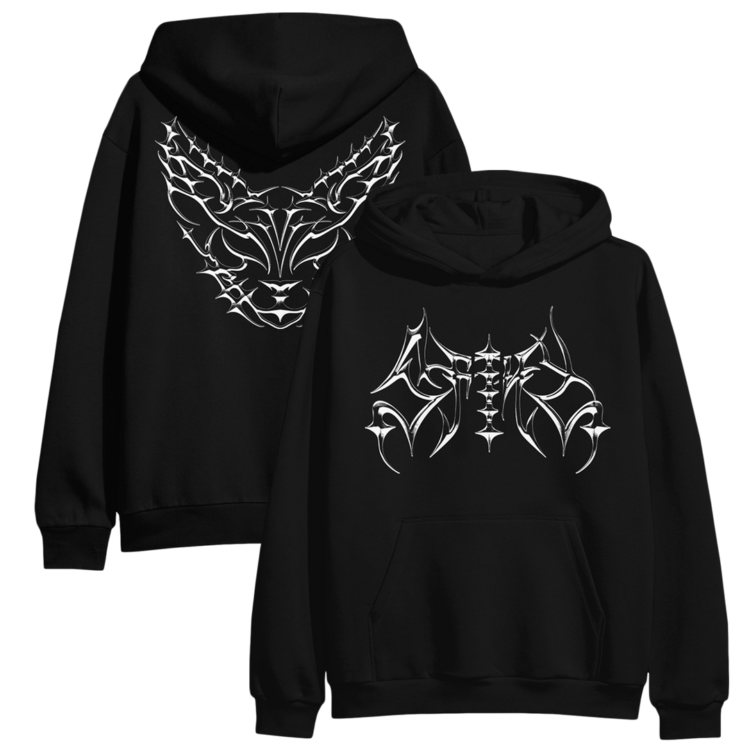 Two black hoodies with bold white tribal designs. The front features stylized, angular lettering, while the back displays a symmetrical tribal pattern resembling wings or an abstract mask. Both designs have a sharp, edgy look.