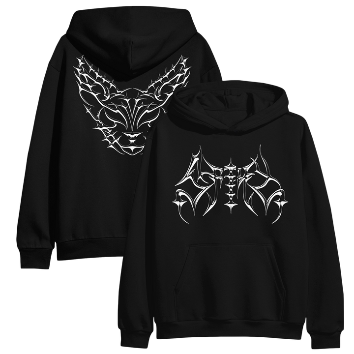 Two black hoodies with bold white tribal designs. The front features stylized, angular lettering, while the back displays a symmetrical tribal pattern resembling wings or an abstract mask. Both designs have a sharp, edgy look.