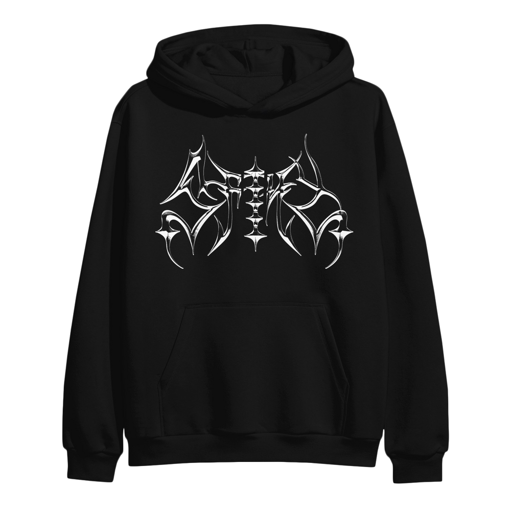A black hoodie with a stylized, sharp-edged white graphic design on the chest. The design features symmetrical, abstract shapes resembling metal band logos.