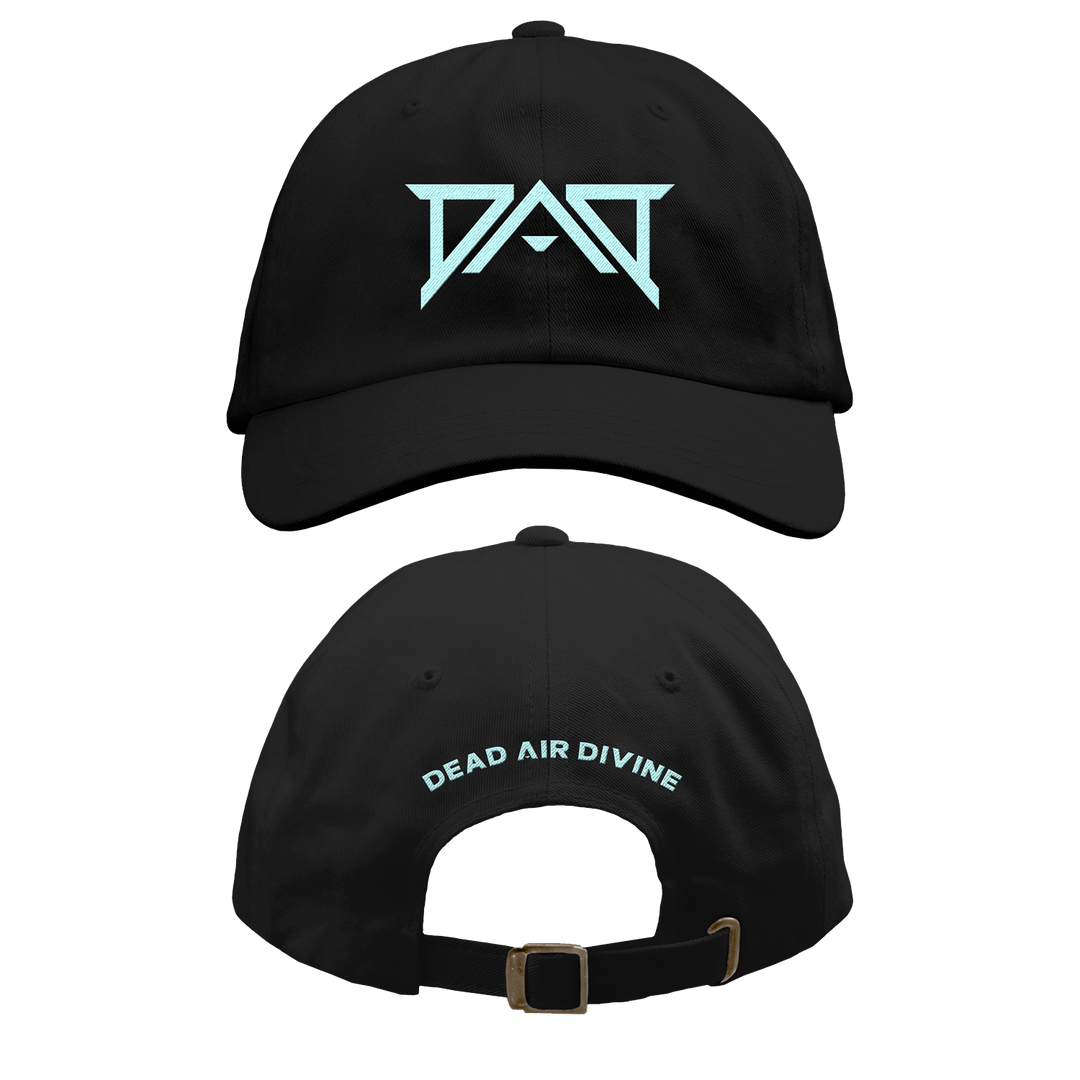 A black Dead Air Divine baseball cap featuring a blue geometric DAD logo on the front and "DEAD AIR DIVINE" curved above the adjustable back strap.