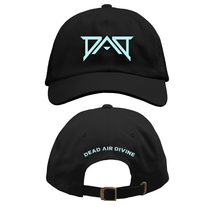 A black Dead Air Divine baseball cap featuring a blue geometric DAD logo on the front and "DEAD AIR DIVINE" curved above the adjustable back strap.