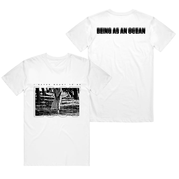 image of the front and back of a white tee shirt on a white background. the front of the tee is on the right, and has a full print across the chest in black. it says the words lost, with an image of a woman in a dress in the woods filling the letters. the back of the tee shirt is on the right and has a black print across the top shoulders in blurred text that says being as an ocean.