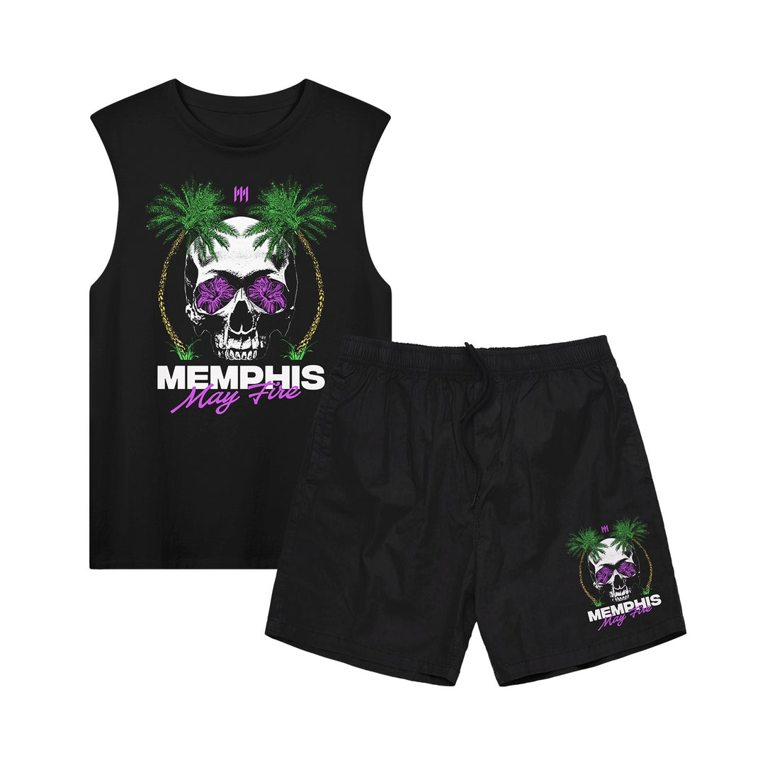 Memphis May Fire set: black sleeveless tank top and shorts with white skull, palm trees, gold chain, and bold branding. Shorts feature a coordinating smaller graphic for a matching look.