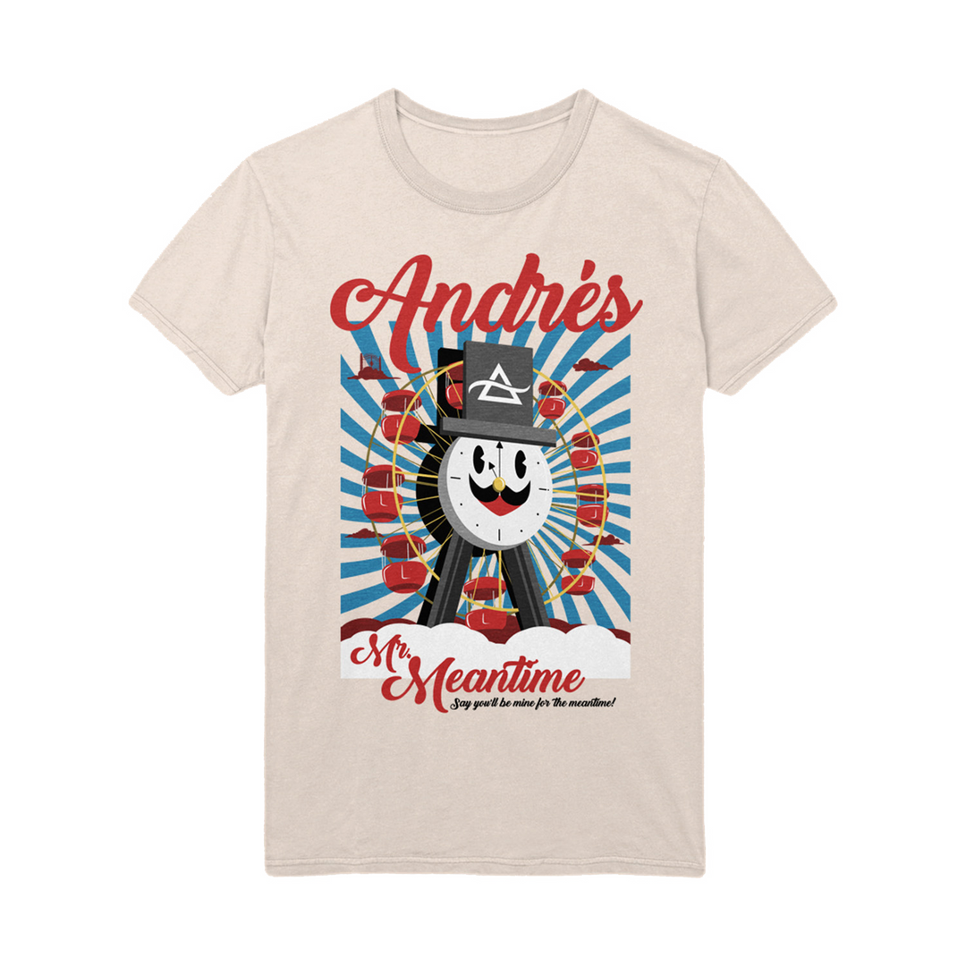 The Andrés beige Tultex T-shirt, made from pre-shrunk cotton, features a cartoon clock wearing a top hat and cane against red curtains and blue rays, with "Andrés" above and "Mr. Meantime" below the character.