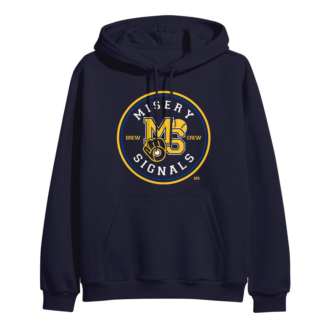 Navy blue midweight pullover hoodie featuring a circular Misery Signals logo with Brew Crew text and a baseball mitt graphic.