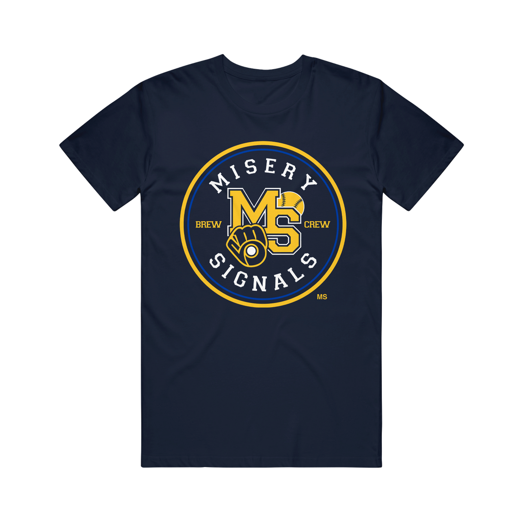 Navy blue relaxed fit American Apparel t-shirt featuring a circular Misery Signals Brew Crew logo with a baseball glove and ball graphic.
