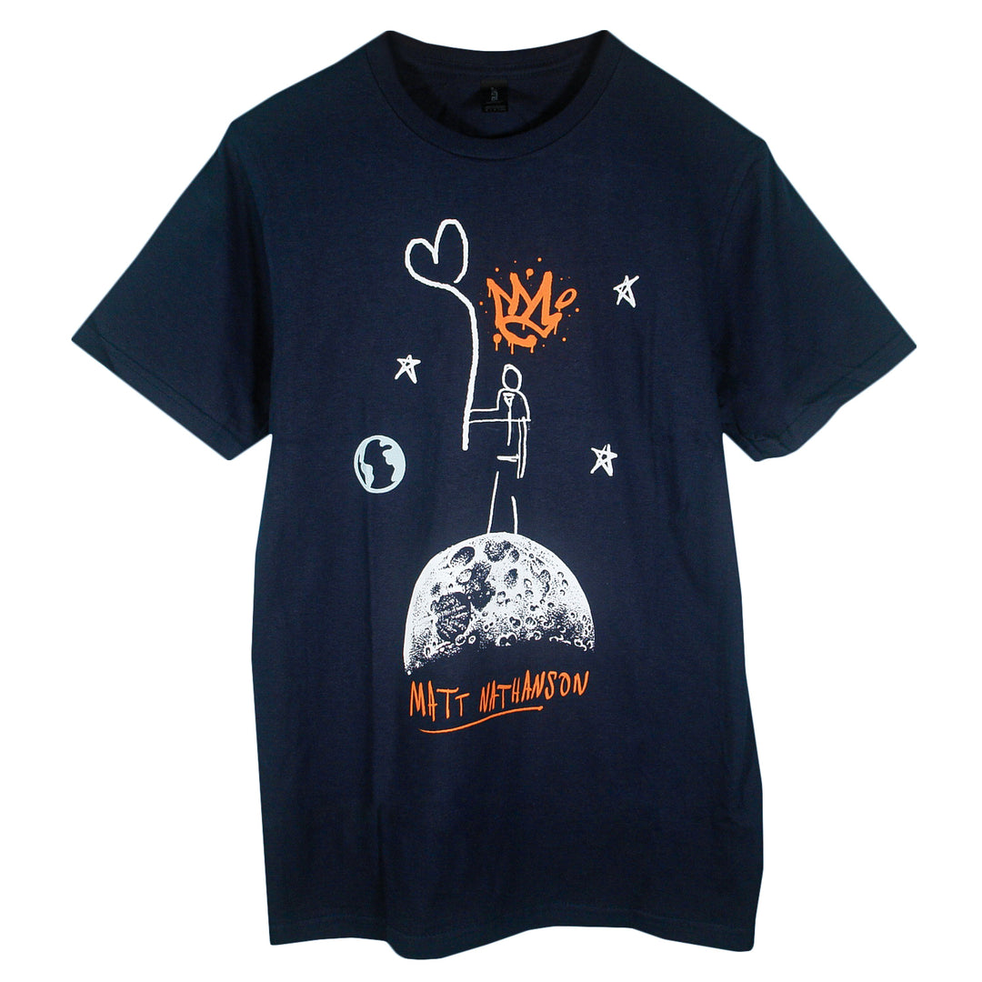 Navy blue t-shirt with graphic design of a person on the moon and matt nathanson text at the bottom on a white background