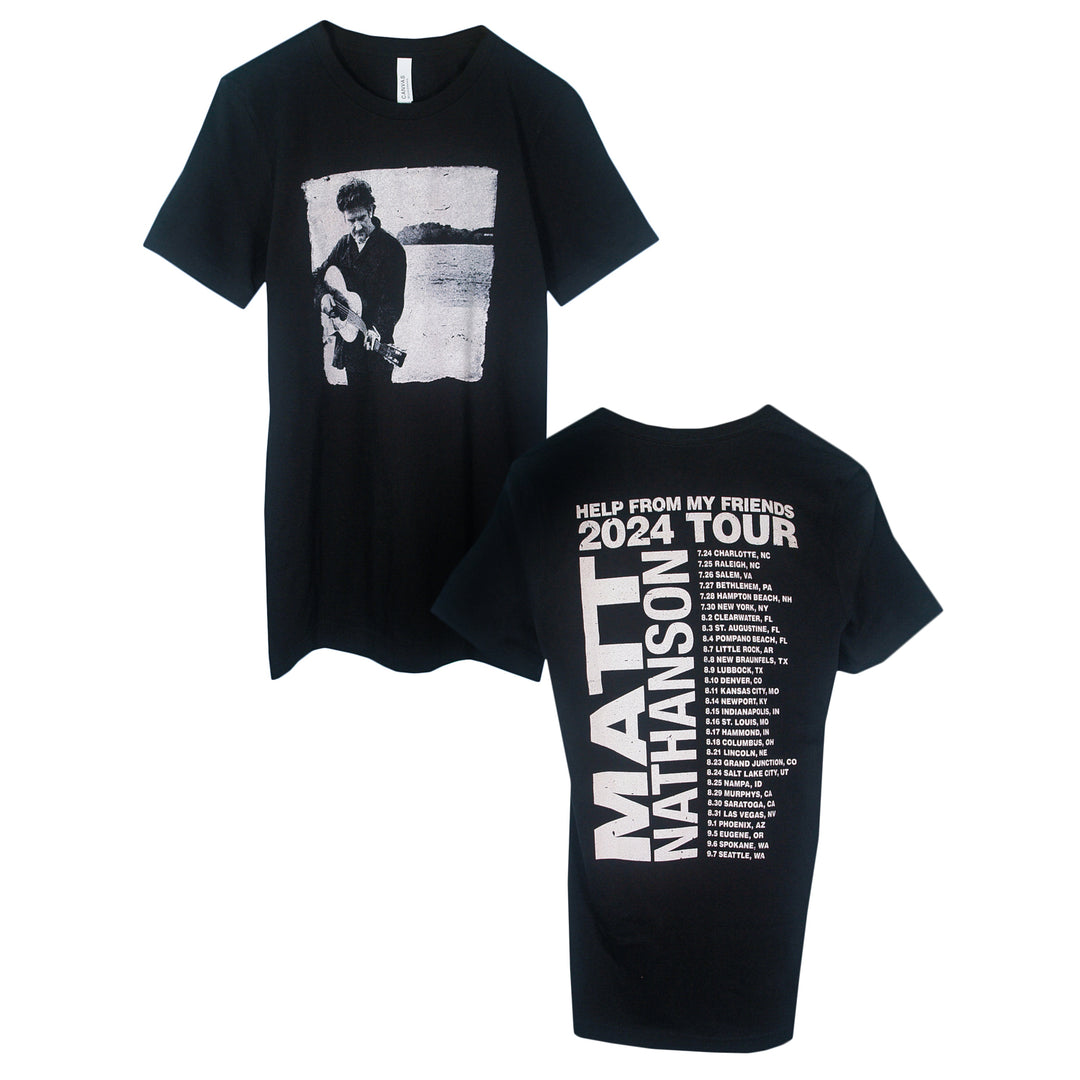 Black Matt Nathanson T-shirt with a front black-and-white image of a man holding a guitar. The back features MATT NATHANSON 2024 TOUR and tour dates/locations in bold white text.