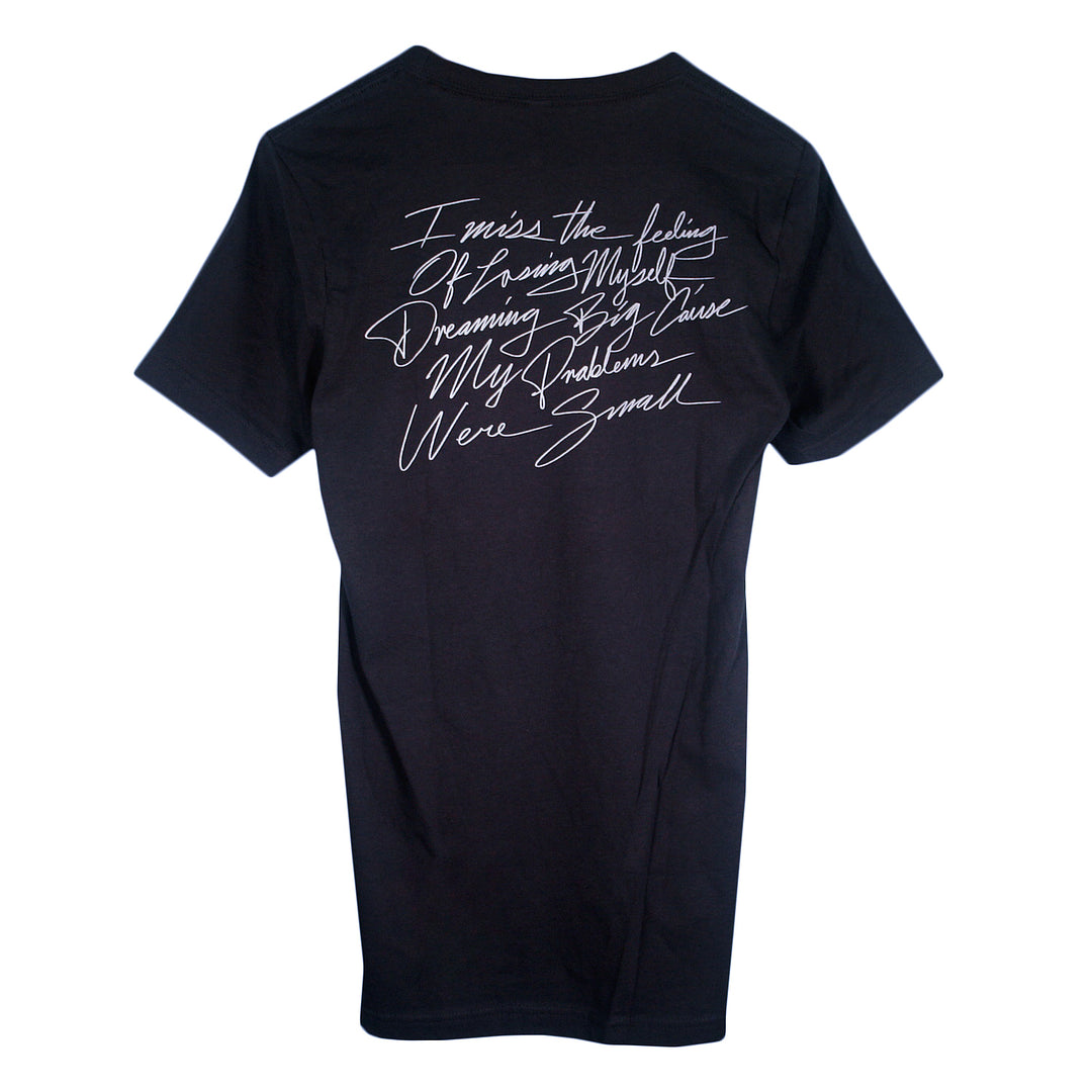 Matt Nathanson Solo 2024 black T-shirt shown flat, with handwritten white text on the back: “I miss the feeling of losing myself, dreaming big, cause my problems were small.”.
