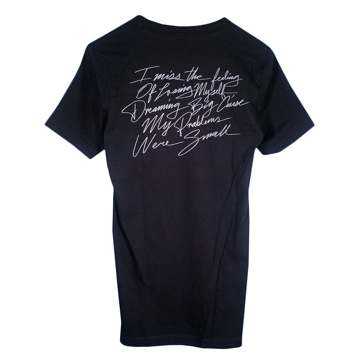 Matt Nathanson Solo 2024 black T-shirt shown flat, with handwritten white text on the back: “I miss the feeling of losing myself, dreaming big, cause my problems were small.”.