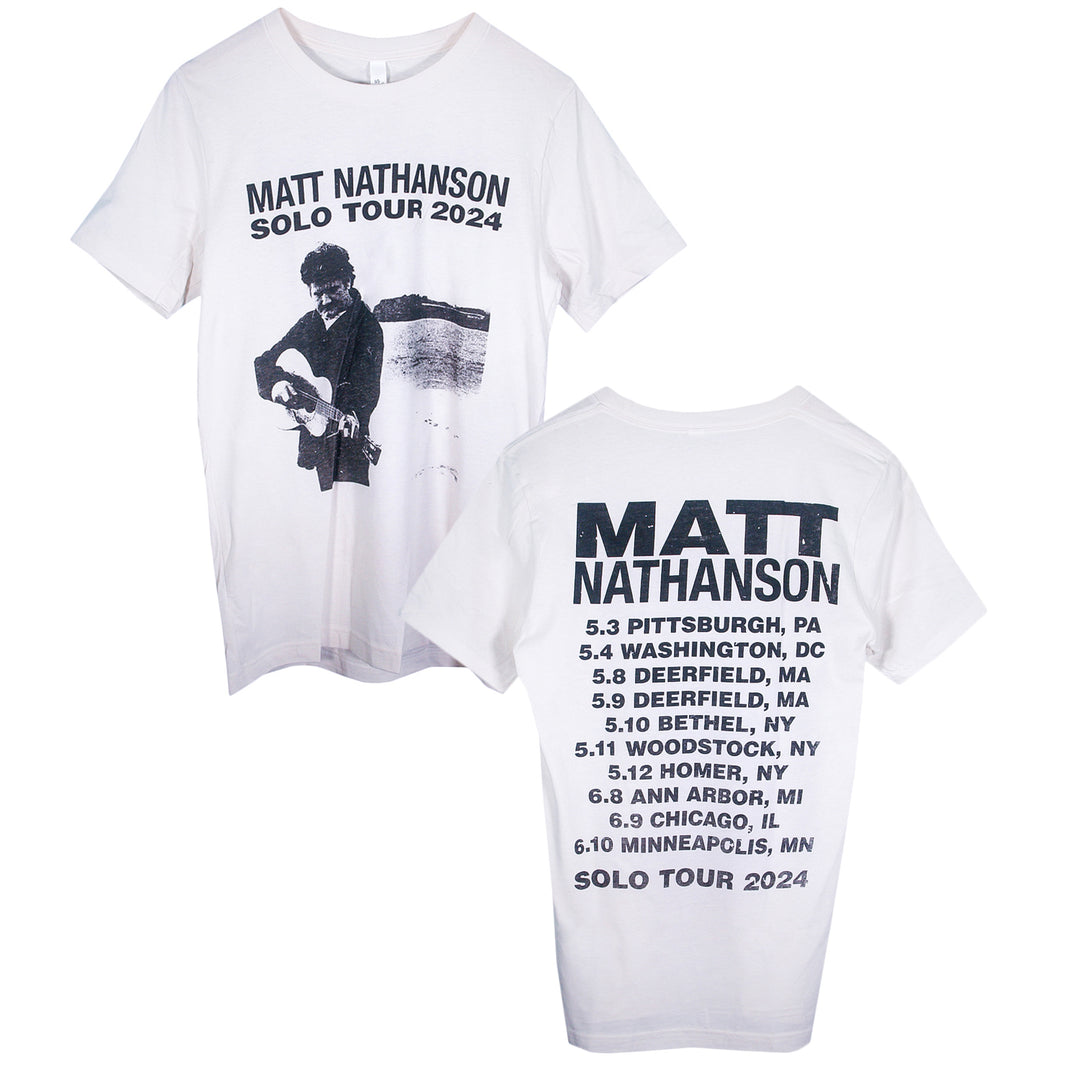 Matt Nathanson white Bella + Canvas tee with Solo Tour 2024 and Matt playing guitar on the front; back shows tour dates and cities in bold black under his name.