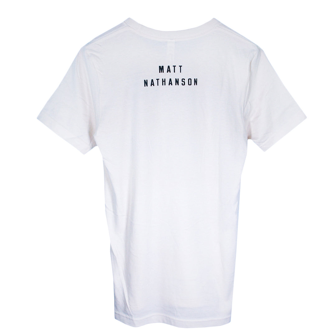 A plain white Matt Nathanson T-shirt is shown from the back, featuring MATT NATHANSON in black uppercase letters near the neckline.