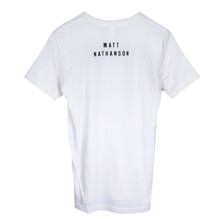 A plain white Matt Nathanson T-shirt is shown from the back, featuring MATT NATHANSON in black uppercase letters near the neckline.