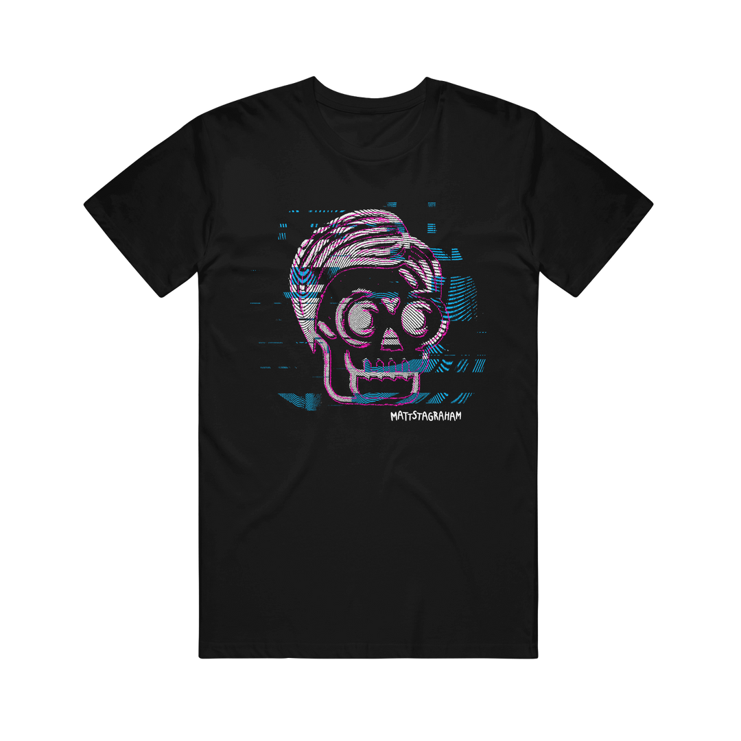 Black t-shirt from Mattstagraham featuring a glitchy, neon-outlined skull with glasses and stylized hair. Crafted from 100% U.S. cotton in a relaxed fit, this American Apparel T-shirt displays the word INSTAGRAMAN below the skull in a digital font. The background is enhanced with striking digital glitch effects for an edgy, modern vibe.