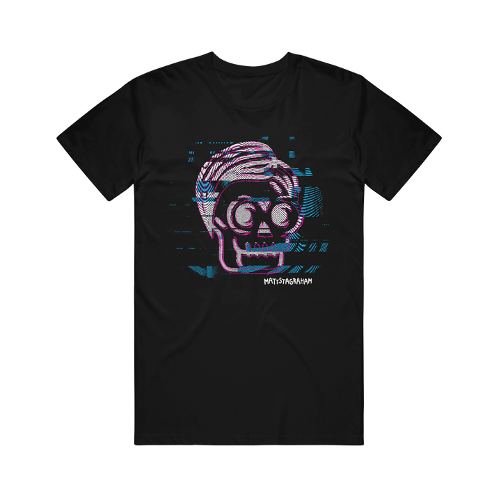Black t-shirt from Mattstagraham featuring a glitchy, neon-outlined skull with glasses and stylized hair. Crafted from 100% U.S. cotton in a relaxed fit, this American Apparel T-shirt displays the word INSTAGRAMAN below the skull in a digital font. The background is enhanced with striking digital glitch effects for an edgy, modern vibe.