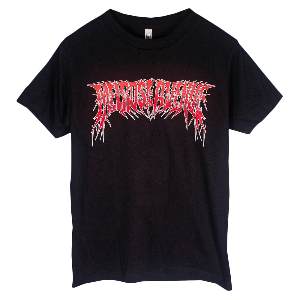 Black t-shirt with red and white text that says melrose avenue in metal graphic design on a white background