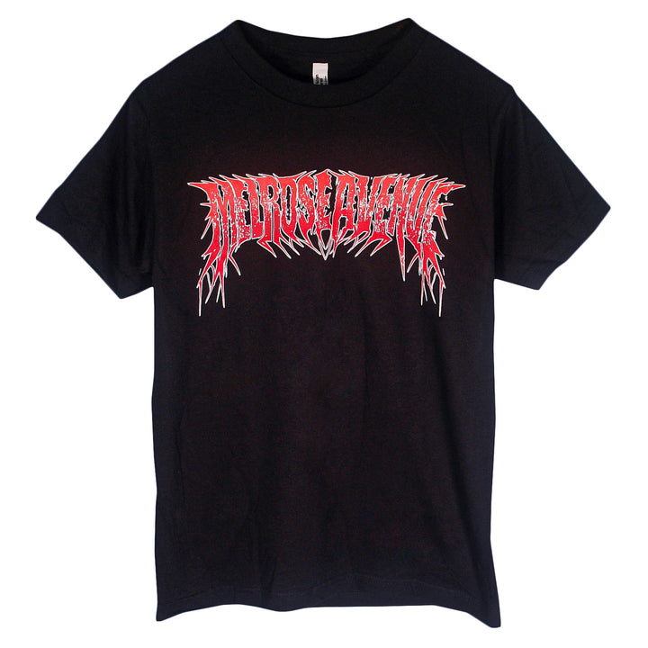 Black t-shirt with red and white text that says melrose avenue in metal graphic design on a white background