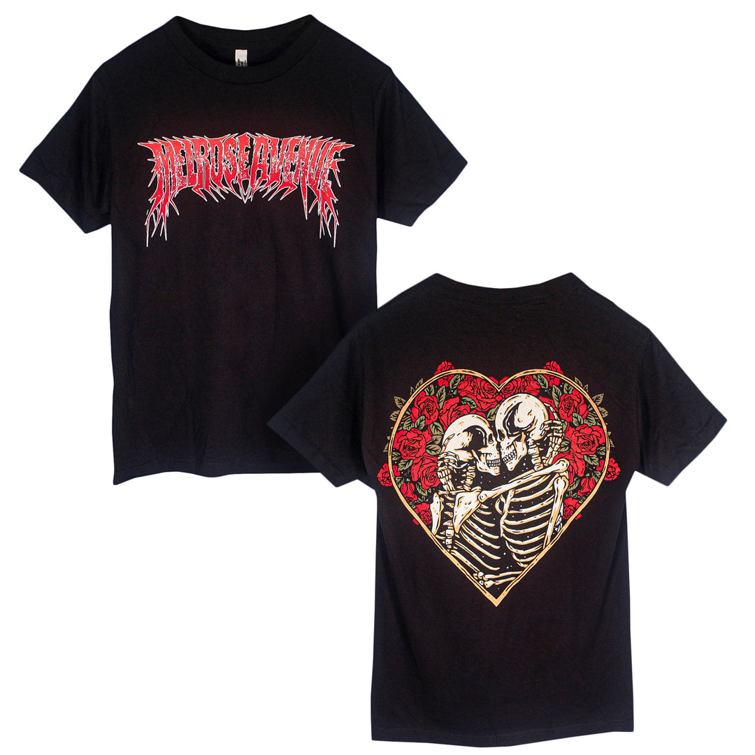 Black t-shirt with skeleton and roses design on the back, brand logo on the front, on a white background